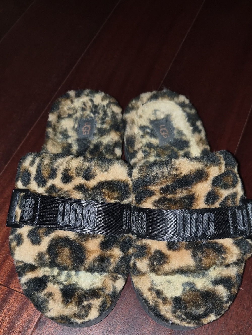 UGG Leopard-Print Fluff Slides with Black Logo Strap
